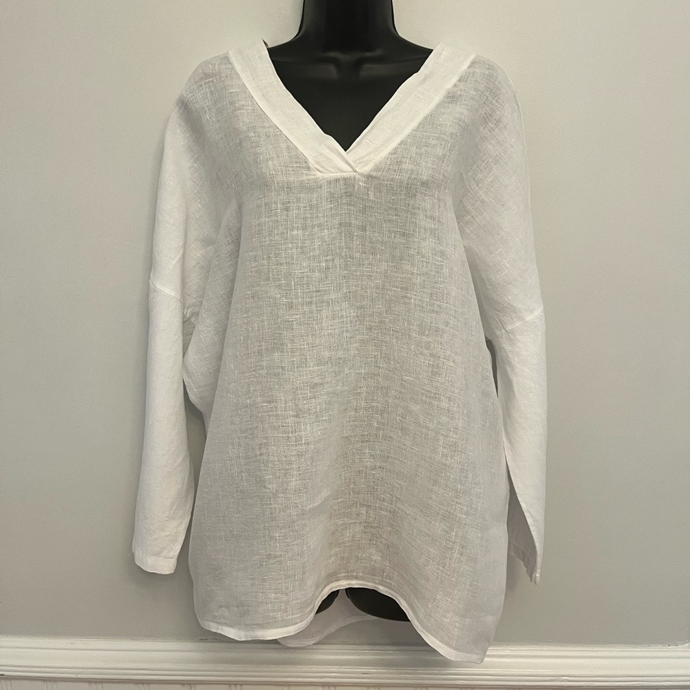 Viola Borghi White Linen Long Sleeve Linen V-Neck Shirt, Size Small